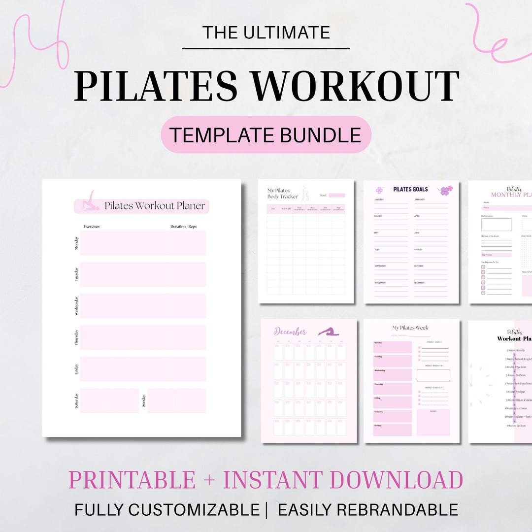 Pilates Workout Template Bundle | Editable Canva Templates | Printable Instructor Goal Tracker ...