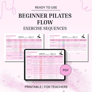 Puede incluir: Una guía digital de entrenamiento de Pilates con el texto "BEGINNER PILATES FLOW EXERCISE SEQUENCES". La guía se muestra en una tableta y dos hojas impresas. La combinación de colores es rosa y blanco, con la palabra "PDF" en un círculo rosa.