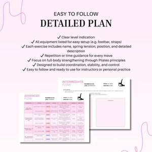 May include: A detailed Pilates plan with pink and white elements. The text reads "Easy to Follow Detailed Plan" with bullet points describing the plan's features. Two pages show exercise flow charts for advanced and intermediate levels.