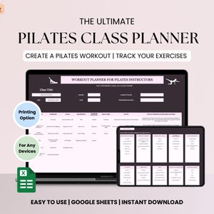 Puede incluir: Un planificador de clases de Pilates digital que se muestra en una computadora portátil y una tableta. El planificador incluye secciones para el título de la clase, los ejercicios y el equipo. El texto de la imagen dice "The Ultimate Pilates Class Planner".
