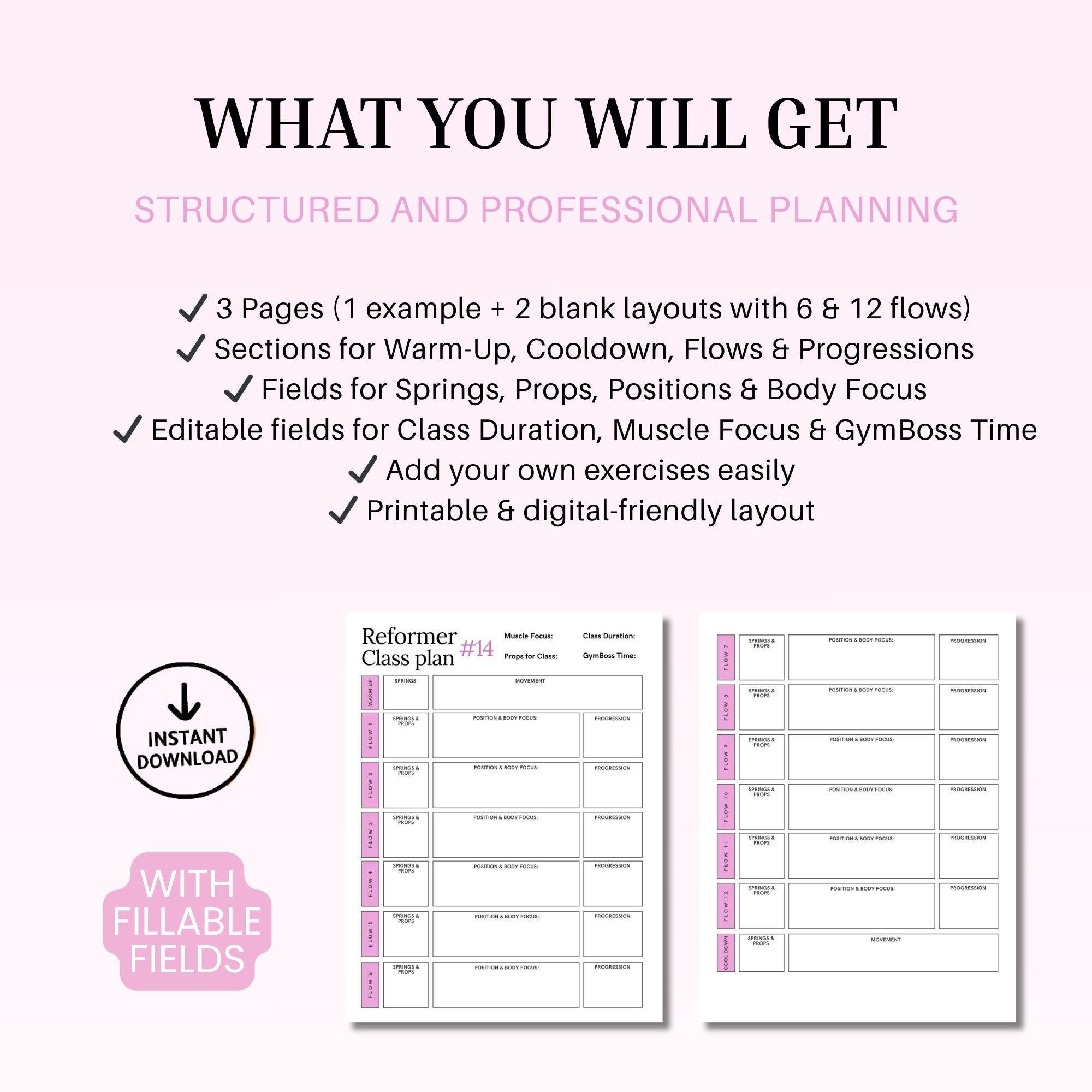 Pilates Class Planner Reformer Template | Printable & Fillable PDF for ...