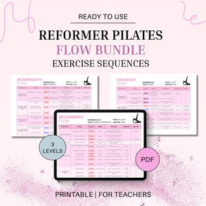 May include: A digital Pilates flow bundle with exercise sequences for three levels: beginner, intermediate, and advanced. The bundle includes a tablet displaying a beginner's flow chart and two printed charts. The text on the image says "Ready to Use" and "Printable for Teachers."