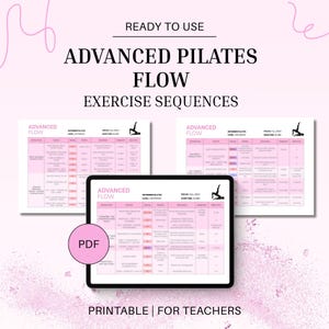 Puede incluir: Una guía digital de ejercicios de Pilates con el texto "Advanced Pilates Flow Exercise Sequences". La imagen muestra una tableta y dos impresiones con detalles de ejercicios. La guía está etiquetada como "Ready to Use" y "Printable for Teachers."
