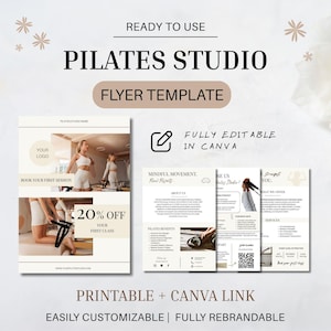 Könnte beinhalten: Pilates Studio Flyer-Vorlage in Beige und Weiß. Der Flyer enthält die Texte "Pilates Studio", "Flyer Template" und "20% Rabatt auf Ihre erste Stunde". Vollständig bearbeitbar in Canva und druckbar.