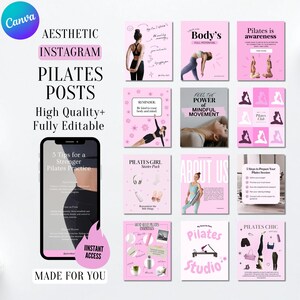 May include: Aesthetic Instagram Pilates Posts templates in pink and white. The image includes a smartphone displaying a Pilates practice guide, and several square graphics with Pilates-related text and illustrations. The Canva logo is in the upper left corner.