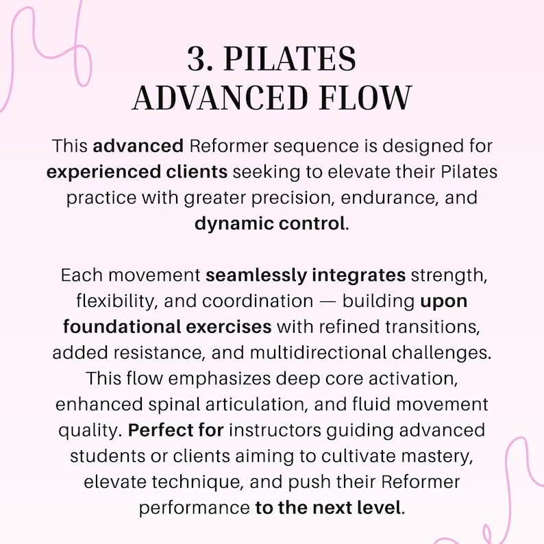 May include: Text on a white background reads "3. PILATES ADVANCED FLOW." The text describes an advanced Reformer sequence for experienced clients, emphasizing precision, endurance, and dynamic control in Pilates practice.