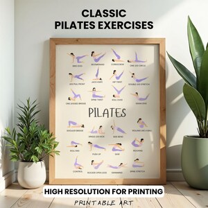 Peut inclure: Une affiche encadrée présentant des exercices de Pilates, avec des illustrations violettes et beiges. Le texte en haut indique "CLASSIC PILATES EXERCISES". Le texte en bas dit "HIGH RESOLUTION FOR PRINTING" et "PRINTABLE ART".