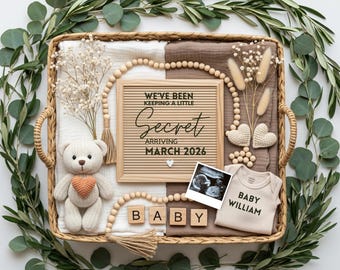 Boho Baby Announcement, Neutral Baby Reveal, Teddy Bear Pregnancy Announcement, April Baby Ultrasound Reveal, Editable Canva  Template