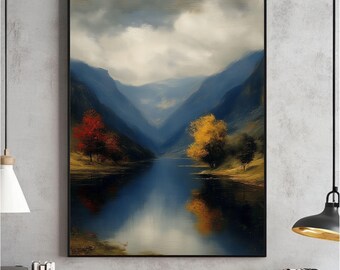 Vintage Fall Lake Landscape Art Print, Rustic Farmhouse Decor (Digital Download)