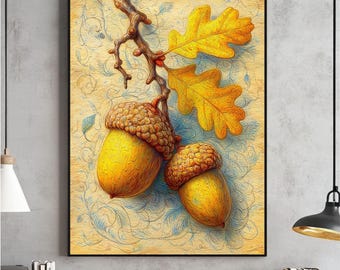 Acorns Colored Pencil Drawing Art Print – Autumn Still Life