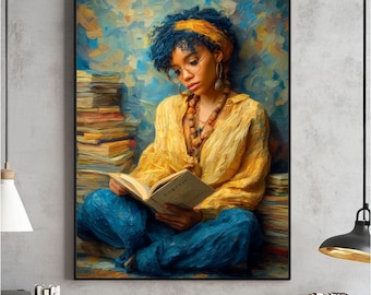 Lámina artística de una mujer negra leyendo, póster moderno de melanina (descarga digital)
