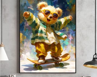Retro skateboardbjörn konsttryck, rolig barnrumsdekoration (digital nedladdning)