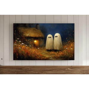 ヴィンテージのワイルドフラワー畑のハロウィンゴーストテレビウォールアート、かわいいハロウィンゴーストの絵画スクリーンセーバー、秋の装飾サムスンテレビ、ヴィンテージ風景
