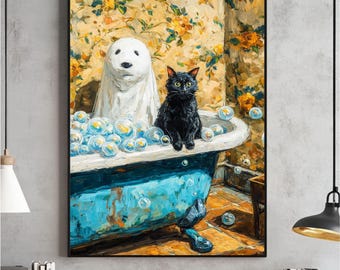Ghost and Cat Halloween Print, Spooky Bathroom Decor (Digital Download)