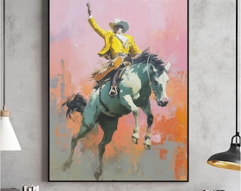 Rodeocowboy-kunstprint, surrealistisch westelijk landschap (digitale download)