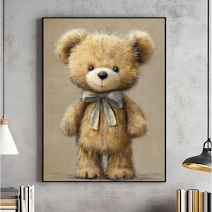 Dibujo de osito de peluche vintage para pared, impresión de género neutro, póster con ilustración vintage, decoración para habitación de bebé, descarga digital