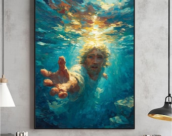 Hand Gottes Digitale Wandkunst, Christlicher Druck, Jesus rettet Petrus, Bild von Christus, katholisches Poster, LDS, Bibelvers, sofortiger Download