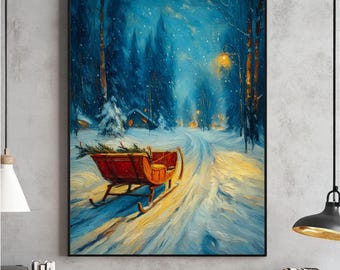 Vintage Winter Sleigh Print, Rustic Christmas Wall Art (Digital Download)