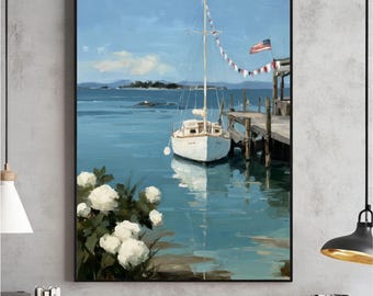 Maritimer Hafen Segelboot Kunst, Küstenhaus am See Druck (digitaler Download)