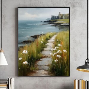 Coastal White Wildflower Painting Wall Art, Summer Vintage Beach Farmhouse Print, Moody Floral Landscape Digital, Flower Field Spring Sea