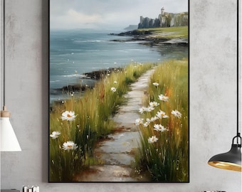 Veldschildering met wilde bloemen aan de kust, strandboerderijkunst (digitale download)