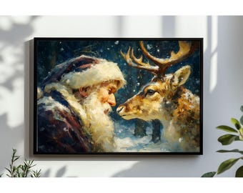 Retro Santa and Reindeer Print, Vintage Christmas Wall Art (Digital Download)