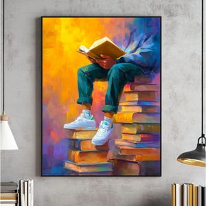 May include: A vibrant painting depicts a person reading a book while seated atop a stack of books. The person wears blue jeans, a blue shirt, and white sneakers. The background features a blend of yellow, orange, and purple hues, creating a warm and inviting atmosphere.