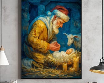Póster vintage de la Natividad, arte mural religioso (descarga digital)