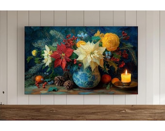 Arte navideño vintage con motivos florales para televisión, protector de pantalla botánico para las fiestas (descarga digital)