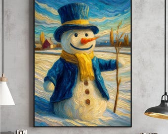 Impresión artística vintage de paisaje invernal con muñeco de nieve, Navidad campestre (descarga digital)