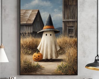 Puede incluir: Pintura enmarcada de un fantasma con sombrero de bruja y una calabaza en un campo, con graneros al fondo. La obra de arte tiene un estilo vintage, con un cielo nublado. La pintura es de temática Halloween.