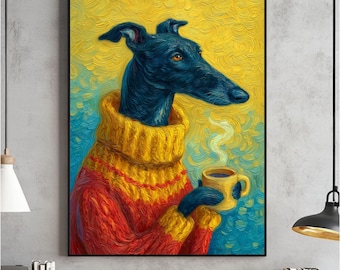 Greyhound Dog in Sweater Print, Whimsical Animal Wall Art (Digital Download)
