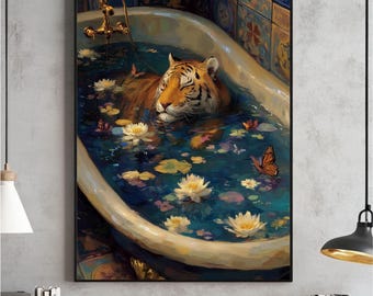 Impression d'art tigre dans la baignoire, décor éclectique maximaliste (téléchargement numérique)