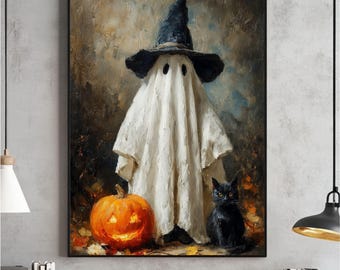 Lámina artística vintage de fantasma y gato de Halloween, decoración otoñal espeluznante (descarga digital)