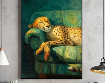 眠そうなチーターのアートプリント、エメラルドグリーンのマキシマリスト装飾（デジタルダウンロード）
