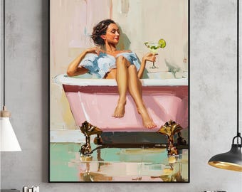 Pink Clawfoot Bathtub Art Print, Martini Girl, Glam Bathroom Decor (Digital Download)