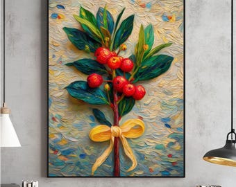 Neutral Holly Berry Christmas Print, Vintage Botanical Wall Art (Digital Download)