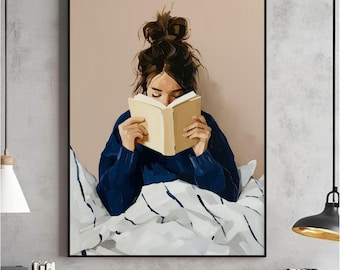 Woman Reading in Bed Art Print, Retro Bedroom Decor (Digital Download)