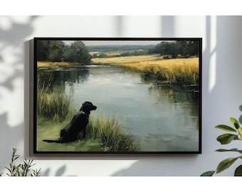 Vintage Black Labrador Pond Print, Rustic Cottagecore Landscape (Digital Download)