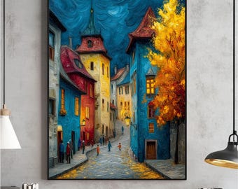 Cozy Autumn Village Print, Warm Tone Cottagecore Painting (Digital Download)