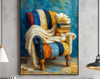 Leseecke Art Print, Bücher auf Stuhl, Neutrales Decor (Digitaler Download)