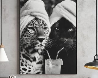 Impression d'art cocktail léopard guépard, affiche animal noir et blanc (téléchargement numérique)