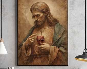 Lámina artística en acuarela del Sagrado Corazón de Jesús, decoración católica para el hogar (descarga digital)