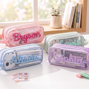 Personalized Transparent Mesh Pencil Case, Monogram Name Pencil Case, Double Layer Pencil Pouch, Back to School Gift for Kids, Birthday Gift