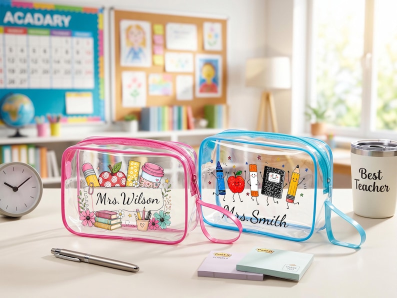 Puede incluir: Dos estuches rectangulares de vinilo transparente con cremallera y correa de mu&ntilde;eca. El estuche izquierdo tiene un borde rosa y un gr&aacute;fico de &uacute;tiles escolares con el texto Mrs. Wilson. El derecho tiene un borde azul y un gr&aacute;fico de &uacute;tiles escolares con el texto Mrs. Smith.