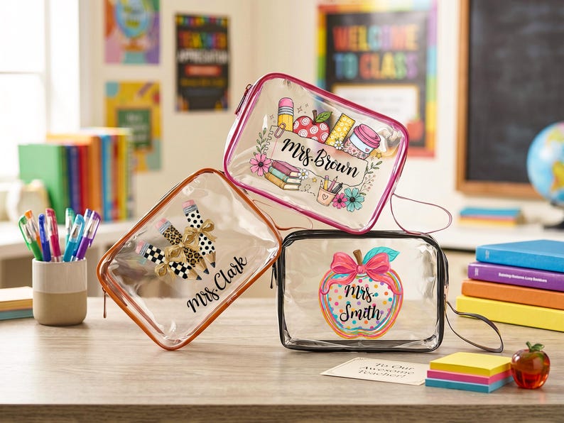 Puede incluir: Tres estuches rectangulares de vinilo transparente con cremalleras. Uno presenta un gr&aacute;fico de l&aacute;piz y manzana con el texto Mrs. Brown. Otro muestra tres l&aacute;pices con lazos y Mrs. Clark. El tercero muestra una manzana colorida y Mrs. Smith.