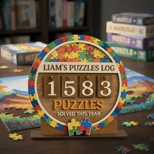 以下が含まれることがあります： 「LIAM'S PUZZLES LOG」と「1583 PUZZLES SOLVED THIS YEAR」の文字が入った木製のパズルログ。カラフルなパズルの縁取りが施された円形です。部分的に完成したパズルとパズルの箱が背景にあります。