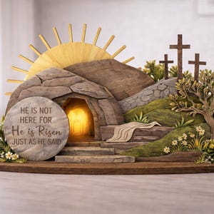 ¡Ha resucitado! Tumba vacía, escena de resurrección en 2D, regalo religioso de Pascua, decoración cristiana para el hogar, adorno de Pascua de madera, decoración religiosa.