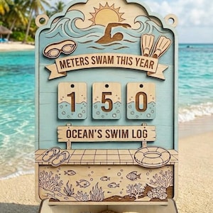 May include: Wooden swimming log sign with a beach theme. The sign reads "METERS SWAM THIS YEAR" and "OCEAN'S SWIM LOG". The numbers on the sign read 150. The sign has a swimmer, goggles, fins, and a life preserver.