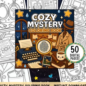 Könnte beinhalten: Ein digitales Malbuch mit dem Titel "Cozy Mystery Coloring Book" mit 50 Seiten. Das Cover zeigt eine Lupe über einem Fingerabdruck, eine Schreibmaschine und einen Detektivmantel. Umgebende Bilder sind ein Medaillon, ein Polizeiausweis und eine Bibliothek.